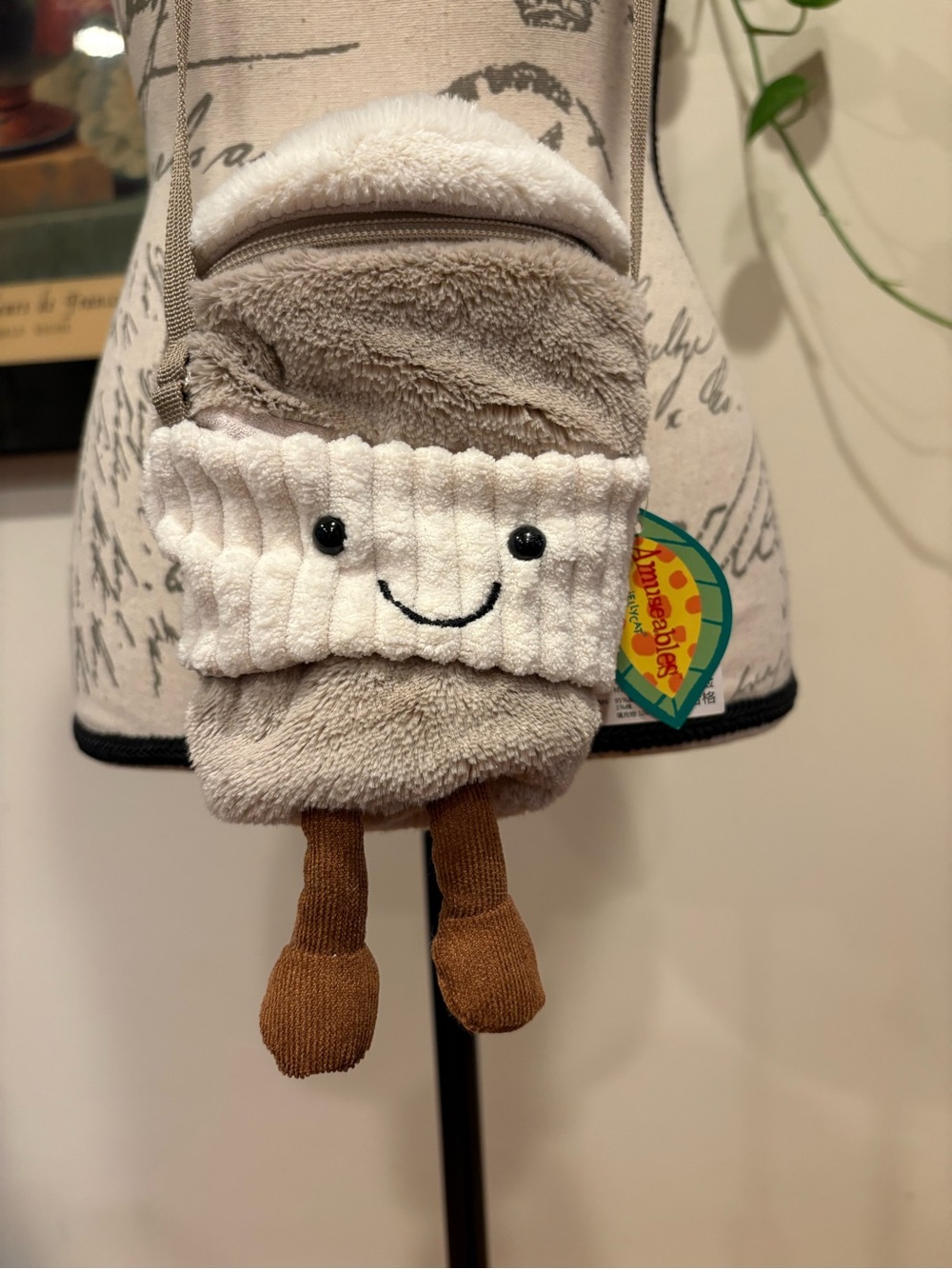 Plush Smiley Crossbody Bag in Cream and Beige